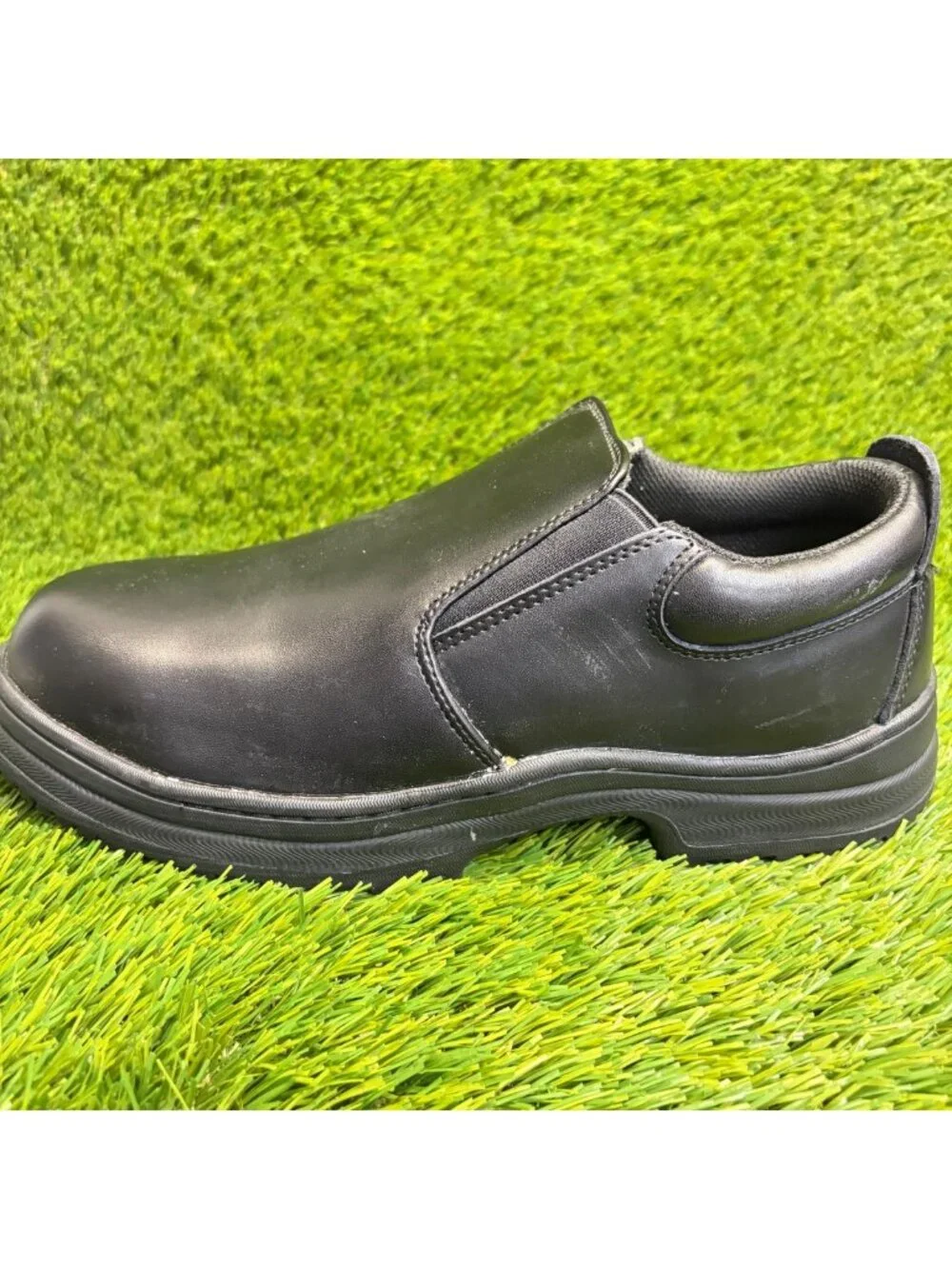 SlipGrips Mens Size 9 Black Leather Slip-Resistant Slip-On Steel Toe Work Shoes